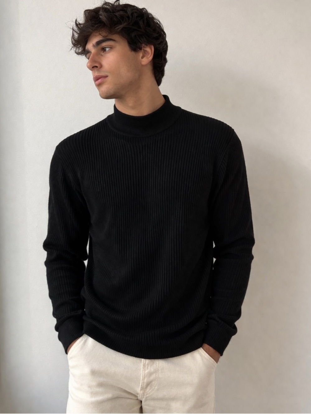 Zara Ribbed Mock Neck Sweater Black | Minimalist Slim Fit Long Sleeve Men M